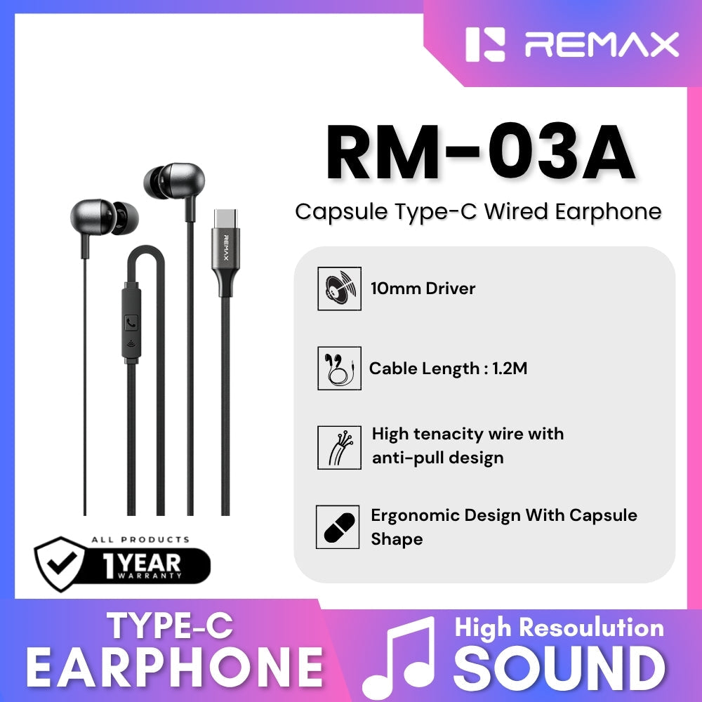 REMAX - RM-03A Type-C Capsule Wired Earphone - Black