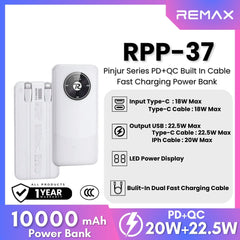 REMAX - RPP-37 10000mah Pinjur Series PD+QC Built In Cable Fast Charging Power Bank (  PD 20W + QC 22.5W ) - White
