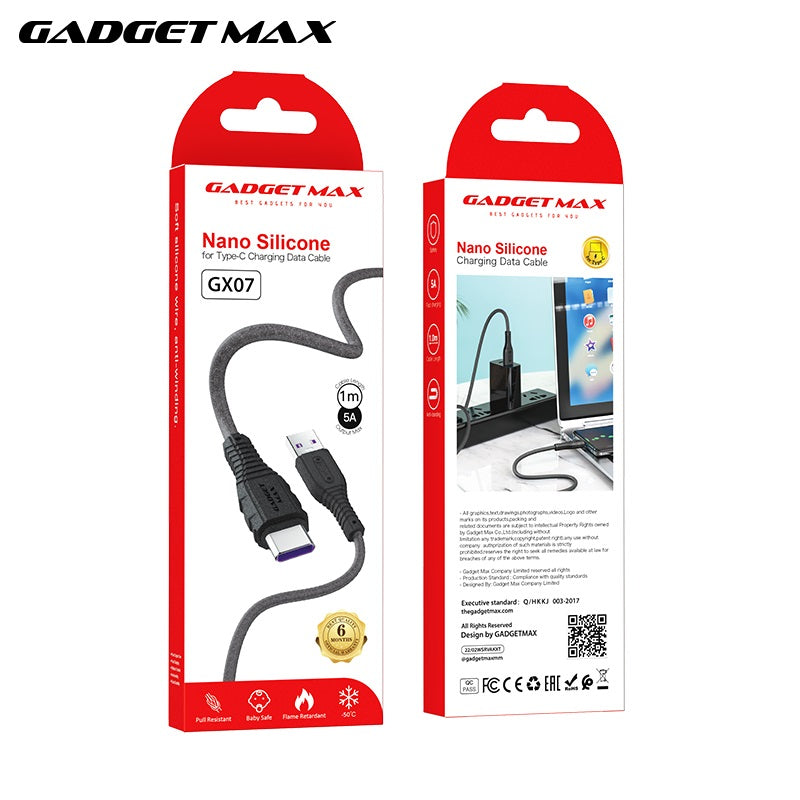 GADGET MAX GX07 TYPE-C 2.4A NANO SILICONE CHARGING DATA CABLE FOR TYPE-C (5A)(1M) - BLACK