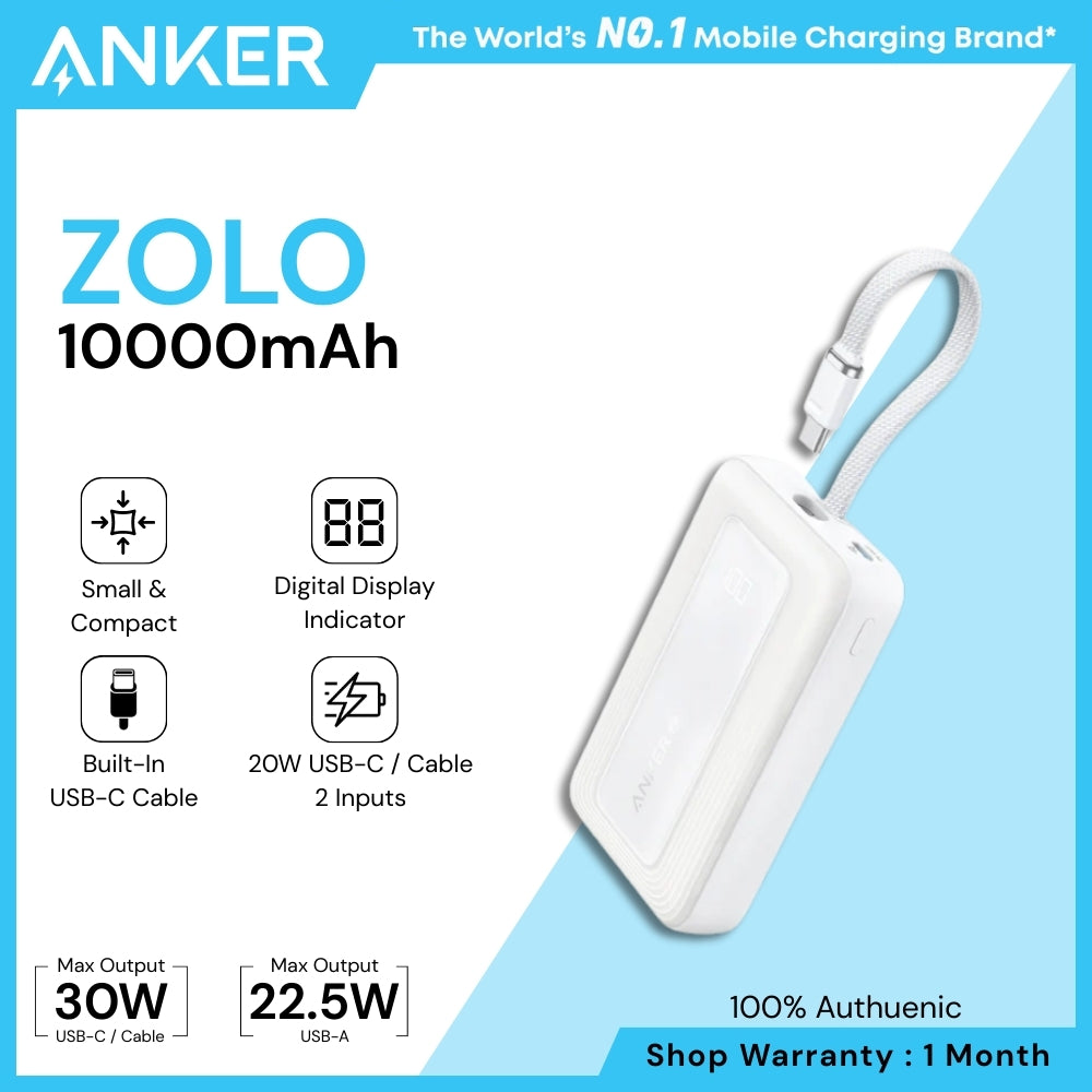 ANKER - ZOLO 10000mAh Built-In USB-C Cable Power Bank ( 30W ) - White