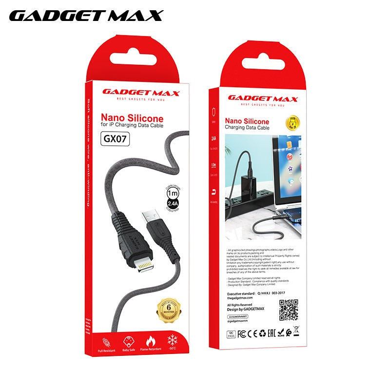 GADGET MAX GX07 IPH 2.4A NANO SILICONE CHARGING DATA CABLE FOR IPH (2.4A)(1M) - BLACK