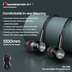 REMAX RM-598 3.5MM Earphone MONSTER METAL, FOR MUSIC & CALL,Earphone , Wired Earphone , Best wired earphone with mic , Hifi Stereo Sound Wired Headset , sport wired earphone , 3.5mm jack wired earphone,3.5mm headset for mobile phone