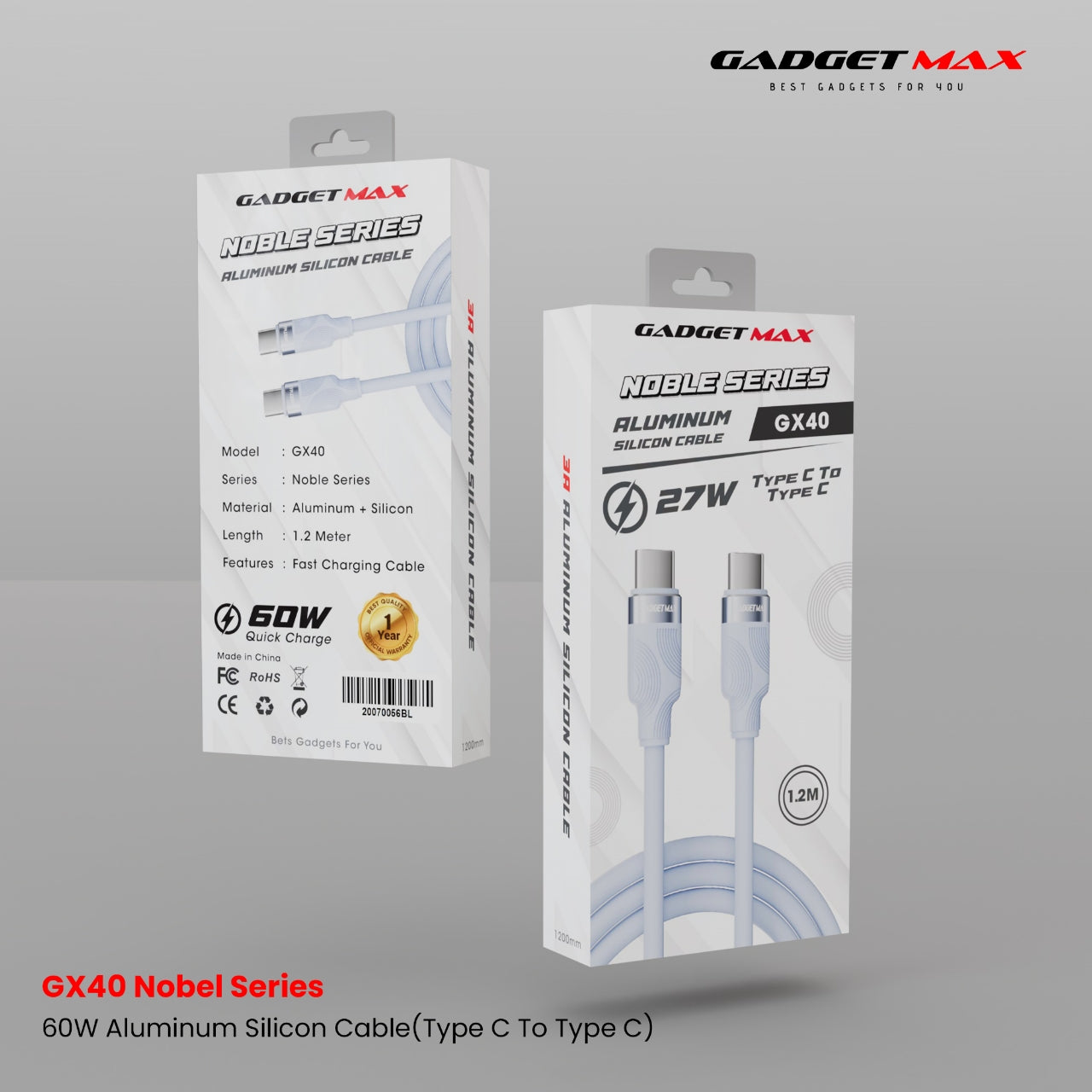GADGET MAX - GX40 C-C Nobel Series Type-C To Type-C PD Fast Charging Data Cable (60W) - Blue