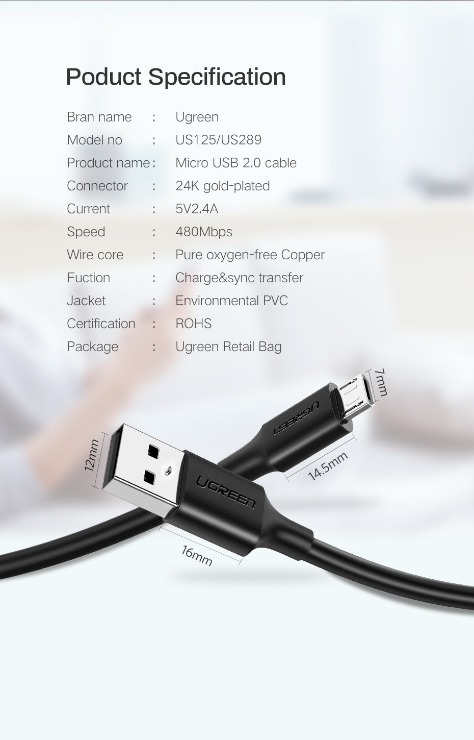 Ugreen US289 USB 2.0A to Micro USB Nickel Plating Cable 1M - White