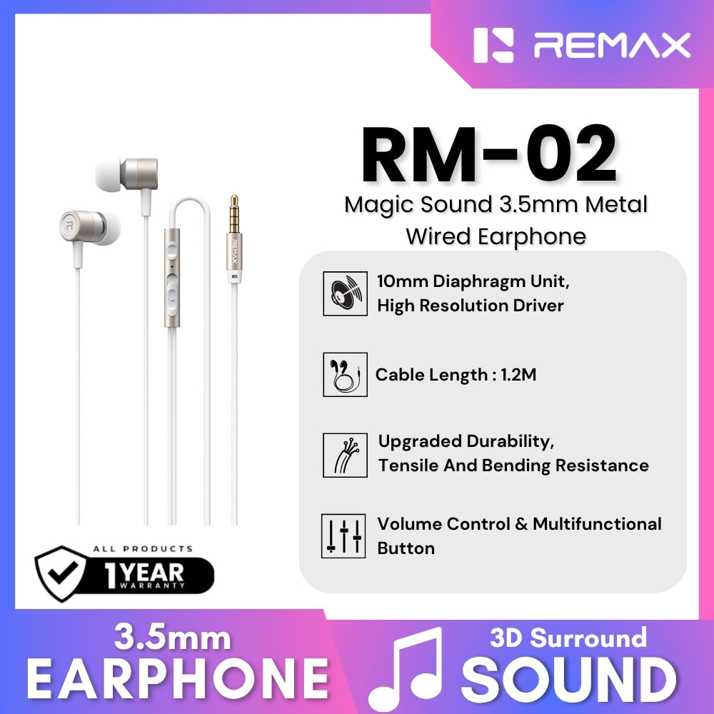 REMAX - RM-02 3.5mm Magic Sound Wired Earphone - Platinum Gold
