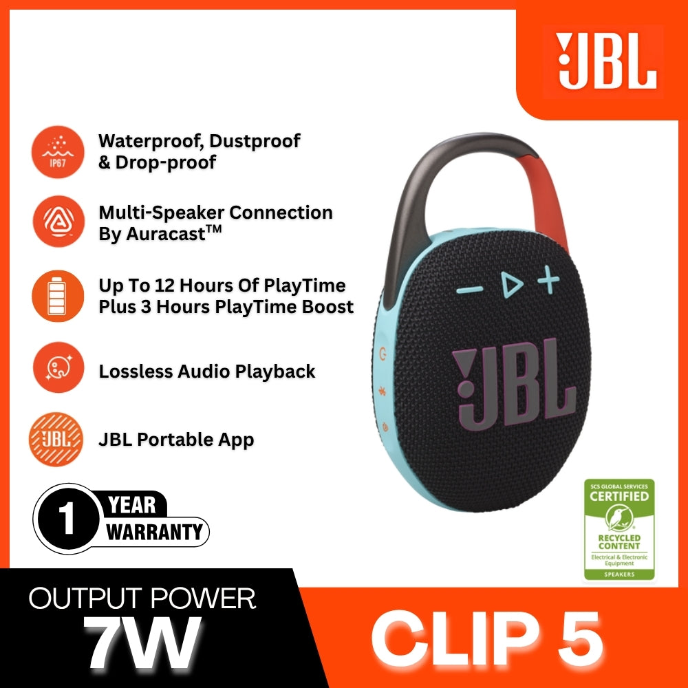 JBL - Clip 5 Portable Bluetooth Speaker - Black & Orange