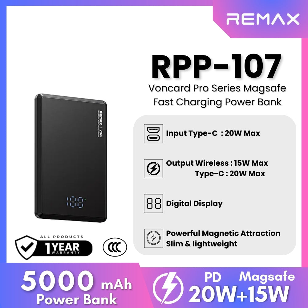 REMAX - RPP-107 Vocard Pro Series 5,000mAh PD Magnetic Wireless Power Bank(PD 20W) - Black