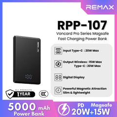 REMAX - RPP-107 Vocard Pro Series 5,000mAh PD Magnetic Wireless Power Bank(PD 20W) - Black