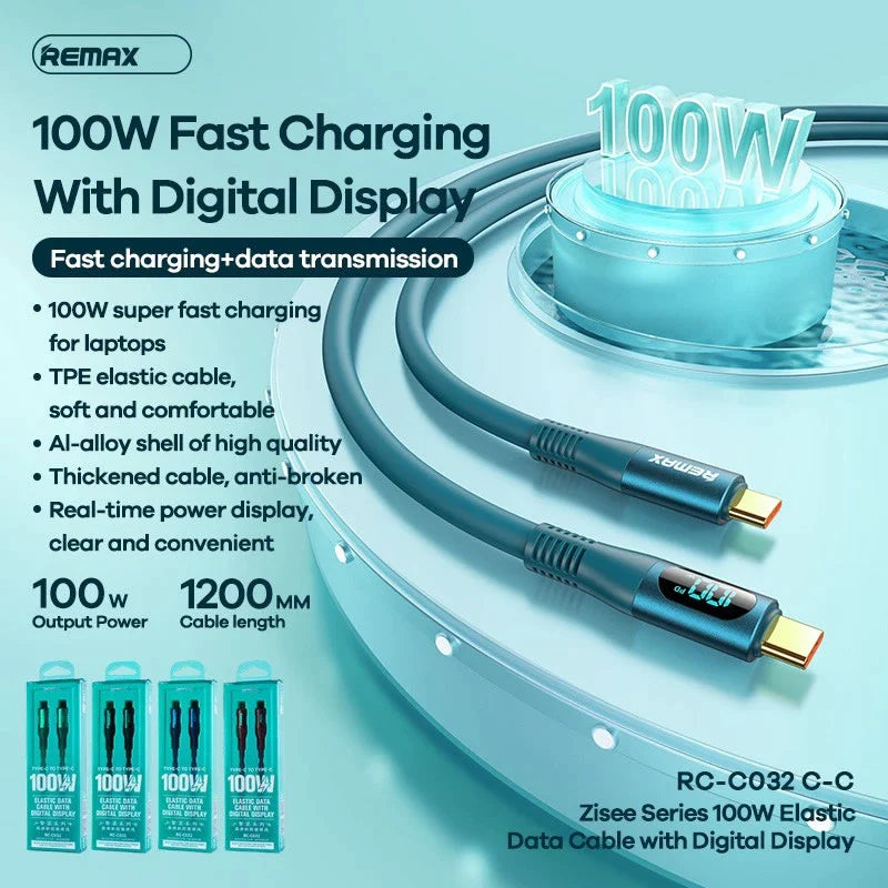 REMAX RC-C032 C-C ZISEE SERIES 100W ELASTIC DATA CABLE WITH DIGITAL DISPLAY TYPE-C TO TYPE-C