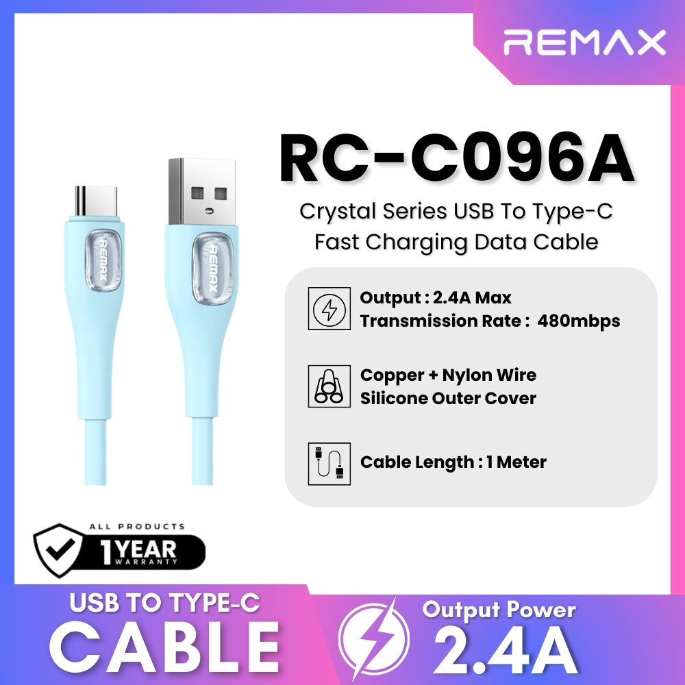 REMAX - RC-C096A Crystal Series USB to Type-C Fast Charging Data Cable (2.4A) - Blue