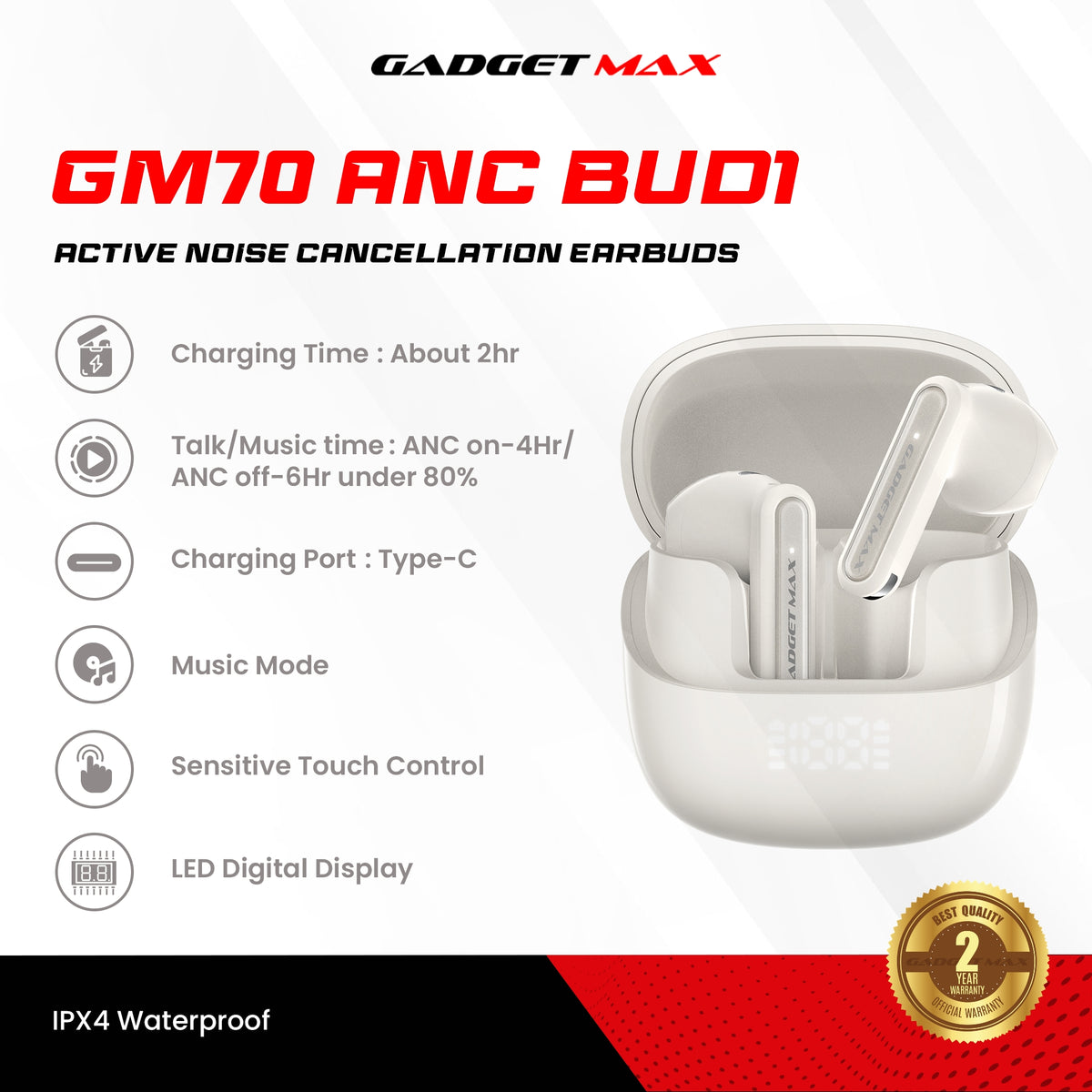 GADGET MAX - GM70 ANC BUD1 Active Noise Cancellation Bluetooth Wireless Earbuds - Beige