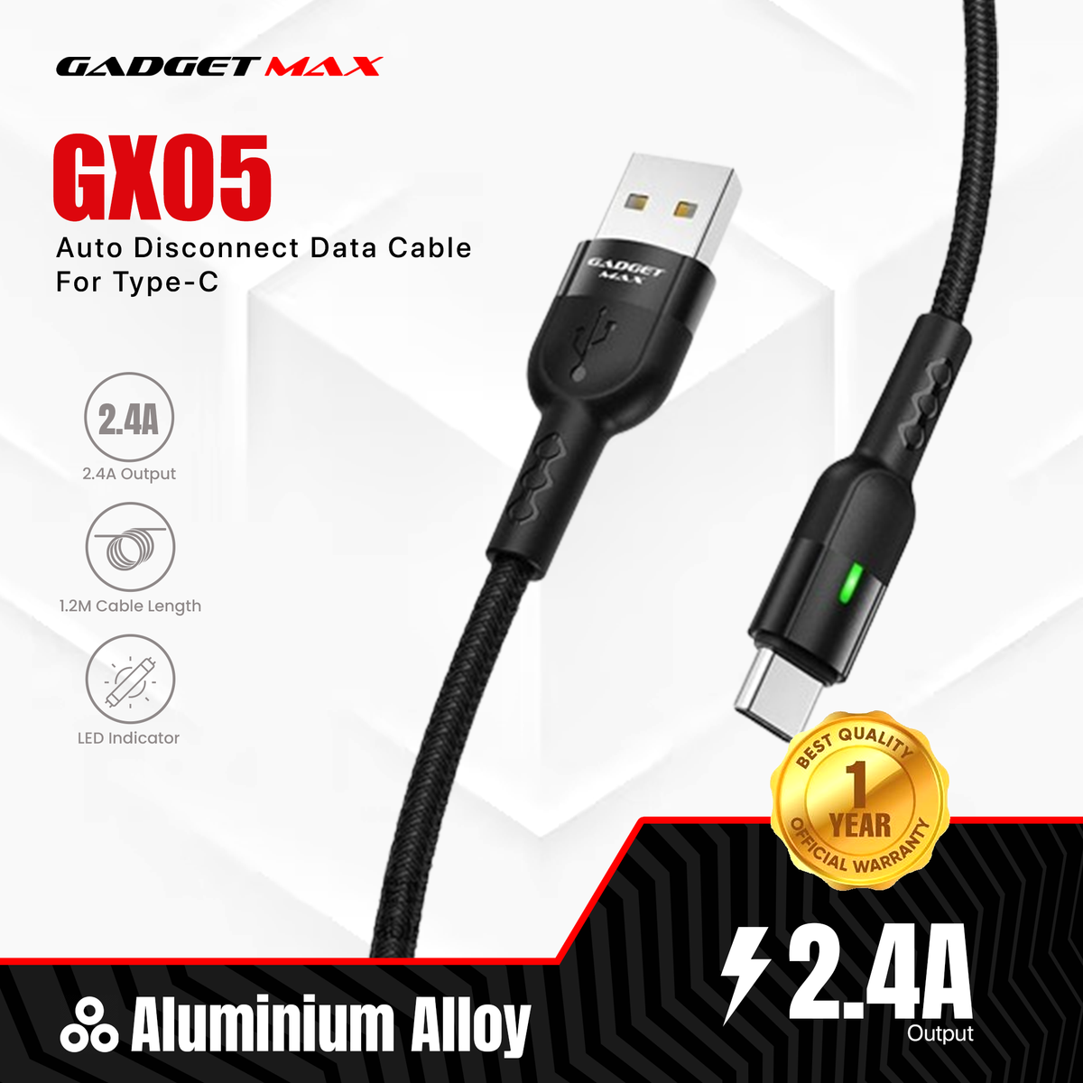 GADGET MAX GX05 TYPE-C 2.4A AUTO DISCONNECT DATA CABLE FOR TYPE-C (2.4A)(1.2M) - RED