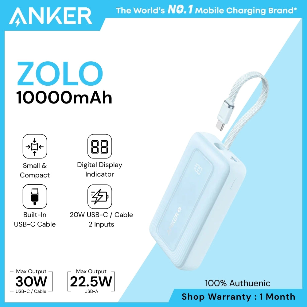 ANKER - ZOLO 10000mAh Built-In USB-C Cable Power Bank ( 30W ) - Blue