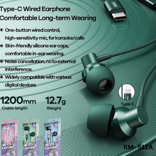 REMAX RM-512A Type C Wired Earphone ( METAL ), FOR MUSIC & CALL (1200MM),Type C Earphone , Type C Wired Earphone,Type C Headphone,Type C Stereo Sound Wired Headset ,USB C  headphon