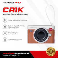 GADGET MAX - CA1K 10000mAh Neocam Camera Style Fast Charging Power Bank (20W+22.5W) - Brown