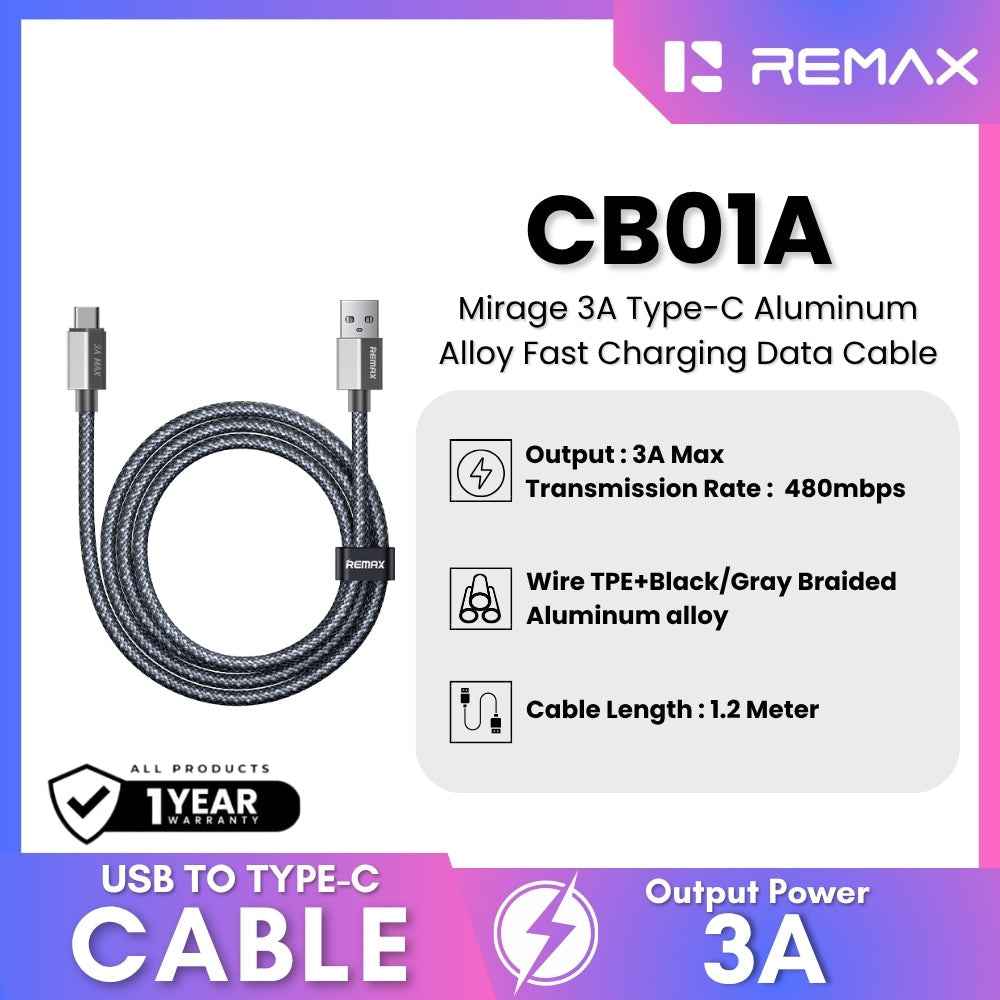REMAX - CB01A Mirage 3A USB To Type-C Fast Charging Data Cable - Black