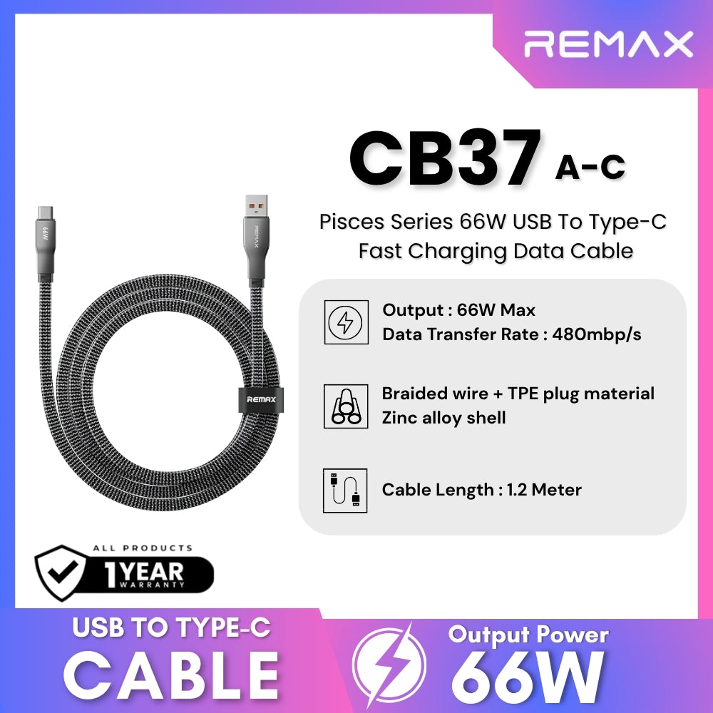 REMAX - CB37 A-C Pisces Series 66W USB To Type-C  Fast Charging Data Cable (66W) - Black