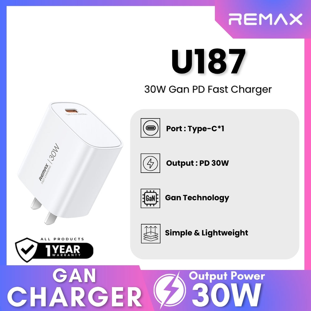 REMAX - U187 PD Gan Fast Charger (30W) - White