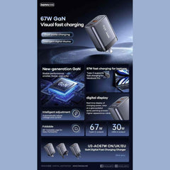 REMAX - U2-AC 67W Gallium Nitride Digital Display Fast Charger - Silver