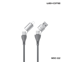 WK (WDC-112) ALL IN ONE 3A MAX 4 IN 1 FAST CHARGING DATA CABLE FOR IPH,TYPE-C (1M)(TYPE-C *2/IPH/USB), Fast Chargign Cable for Android and iPhone, All in One Cable-Silver