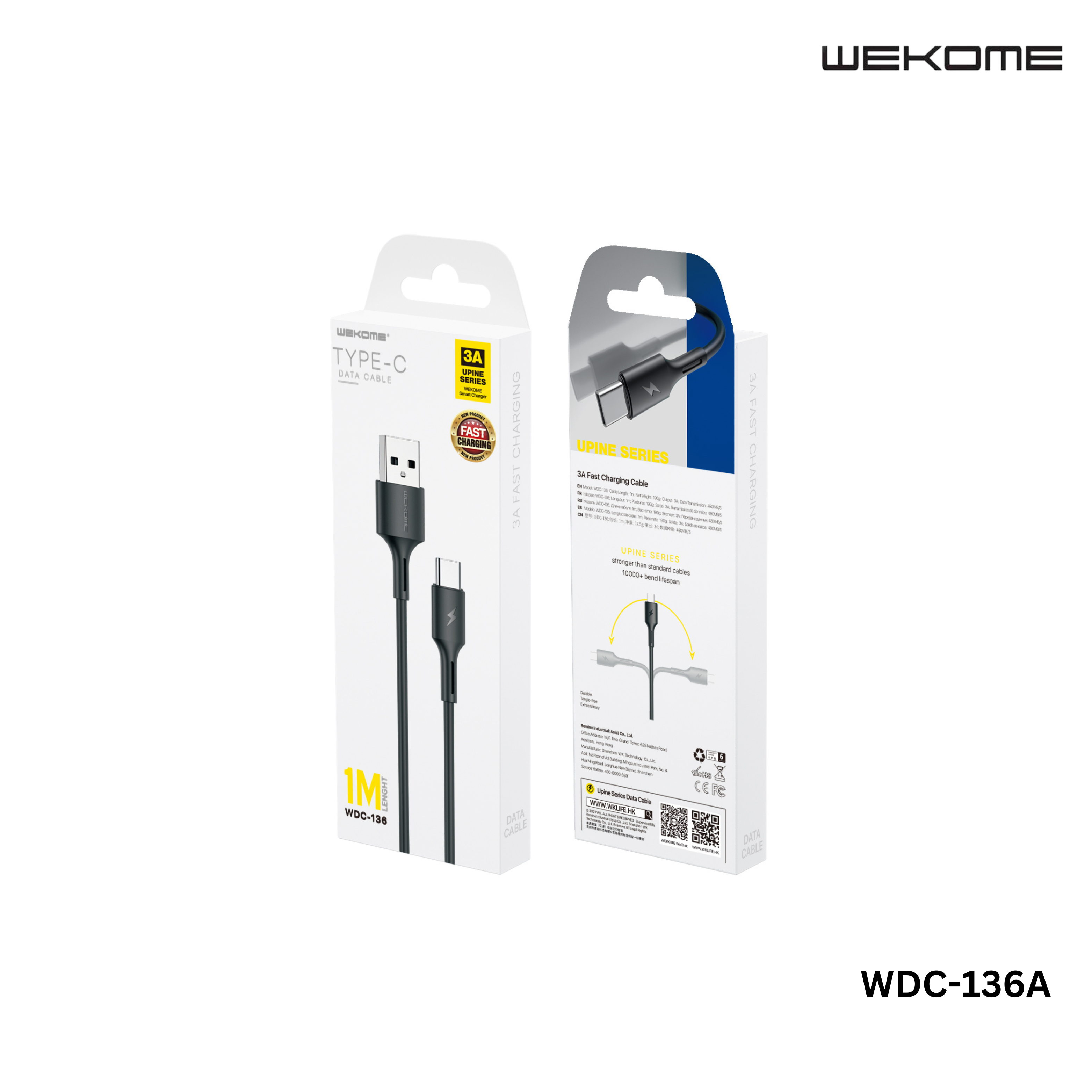 WK (WDC-136A) YOUPIN SERIES 3A DATA CABLE FOR TYPE-C (1M) (3A) (WDC-136A), Type-C Cable,-Black