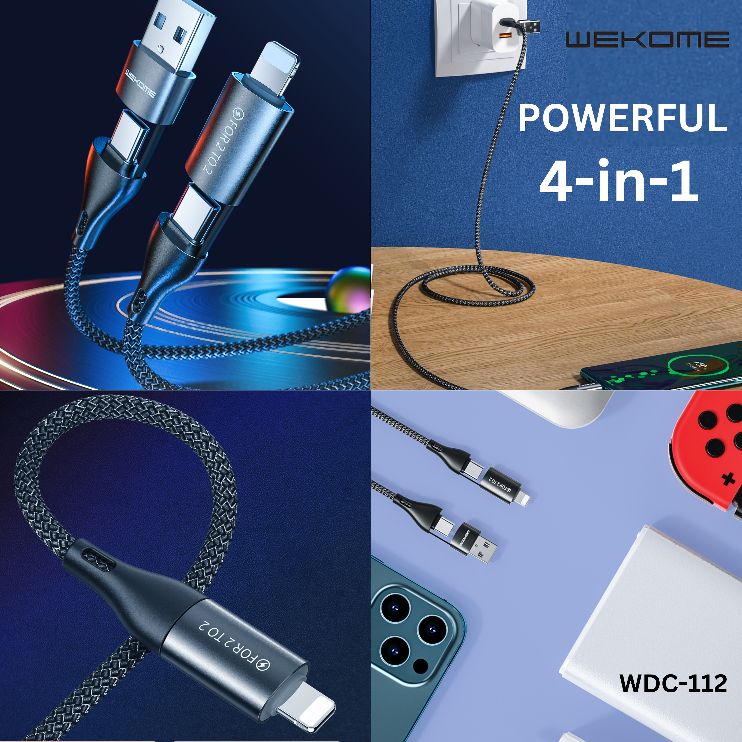 WK (WDC-112) ALL IN ONE 3A MAX 4 IN 1 FAST CHARGING DATA CABLE FOR IPH,TYPE-C (1M)(TYPE-C *2/IPH/USB), Fast Chargign Cable for Android and iPhone, All in One Cable-Black