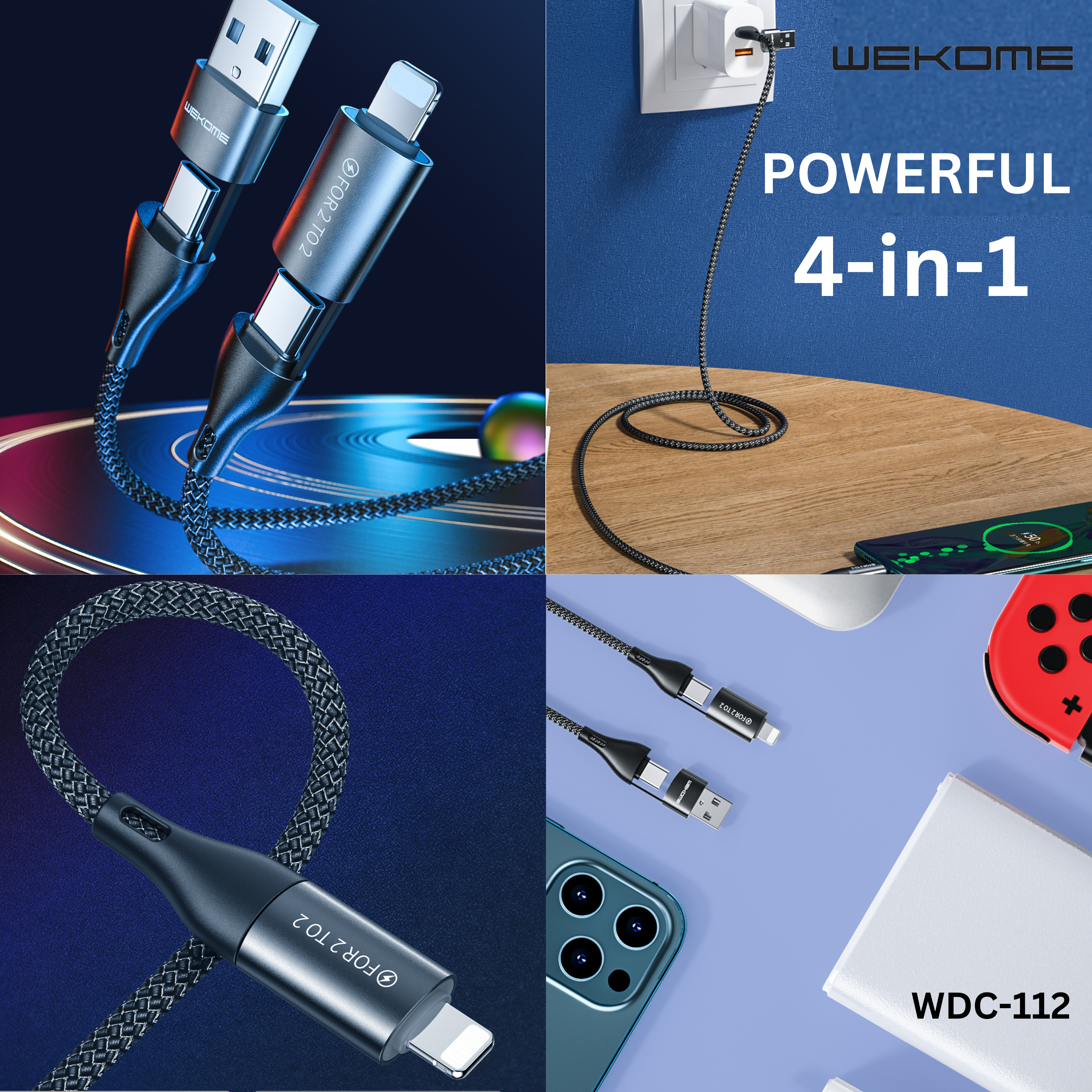 WK (WDC-112) ALL IN ONE 3A MAX 4 IN 1 FAST CHARGING DATA CABLE FOR IPH,TYPE-C (1M)(TYPE-C *2/IPH/USB), Fast Chargign Cable for Android and iPhone, All in One Cable-Silver