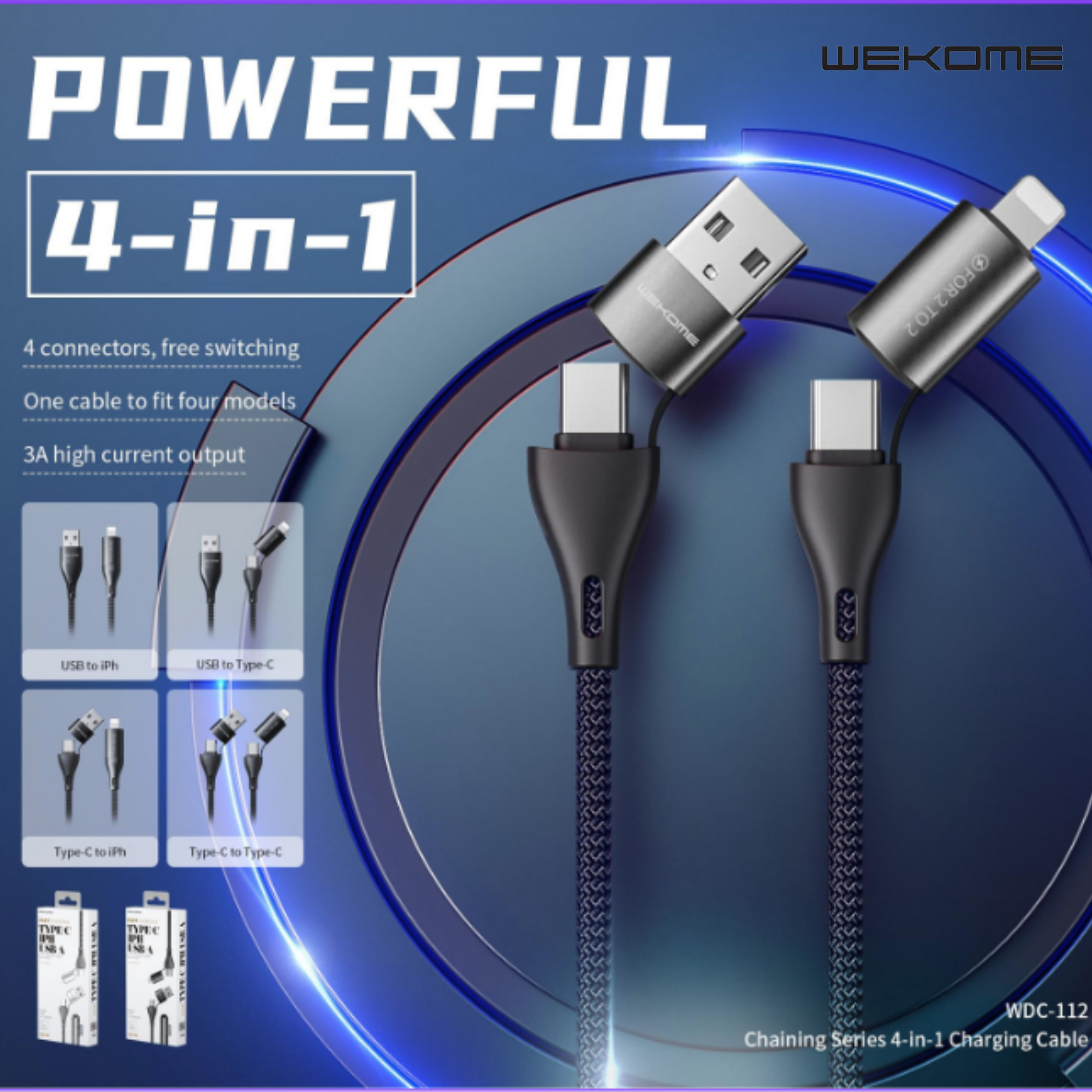 WK (WDC-112) ALL IN ONE 3A MAX 4 IN 1 FAST CHARGING DATA CABLE FOR IPH,TYPE-C (1M)(TYPE-C *2/IPH/USB), Fast Chargign Cable for Android and iPhone, All in One Cable-Black