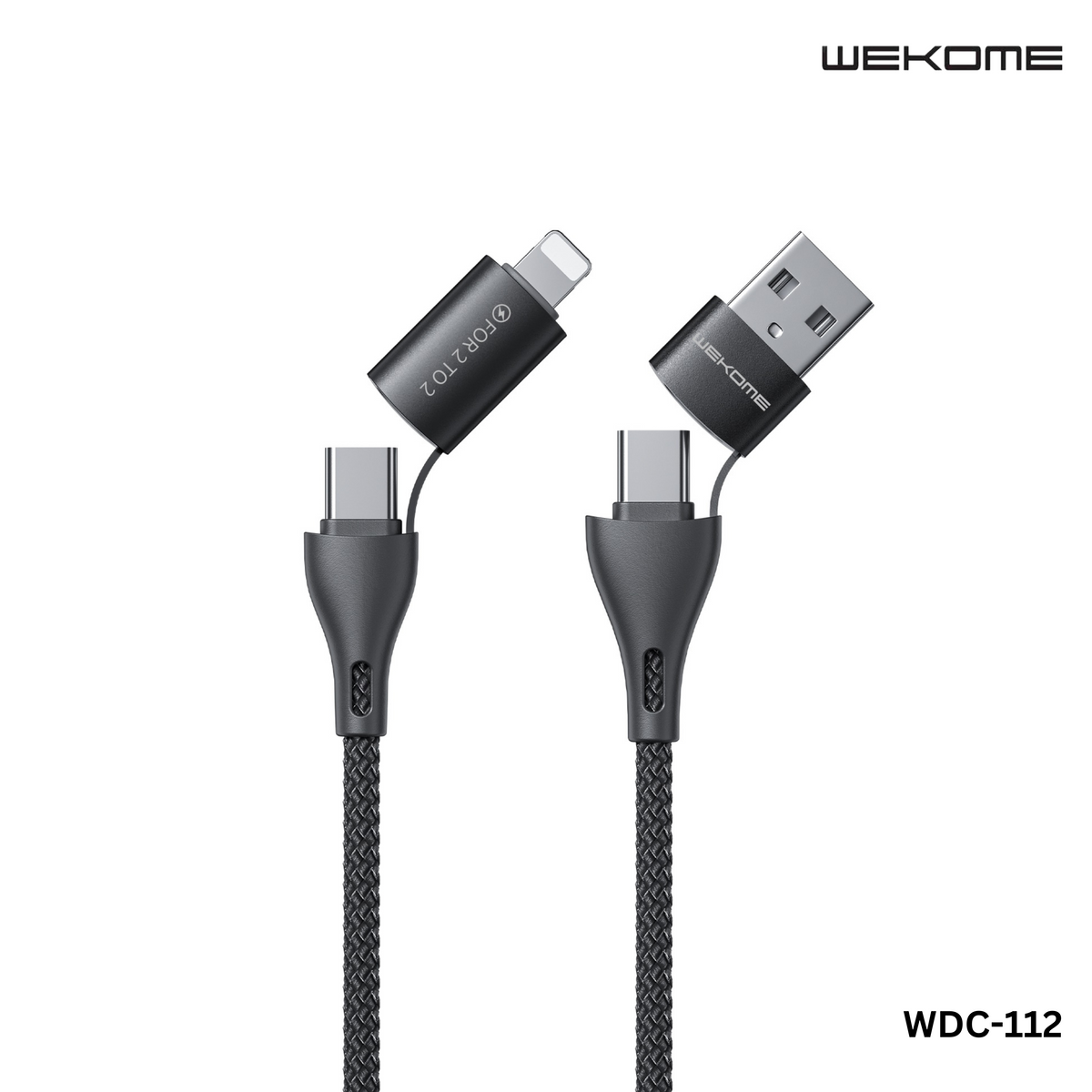 WK (WDC-112) ALL IN ONE 3A MAX 4 IN 1 FAST CHARGING DATA CABLE FOR IPH,TYPE-C (1M)(TYPE-C *2/IPH/USB), Fast Chargign Cable for Android and iPhone, All in One Cable-Black