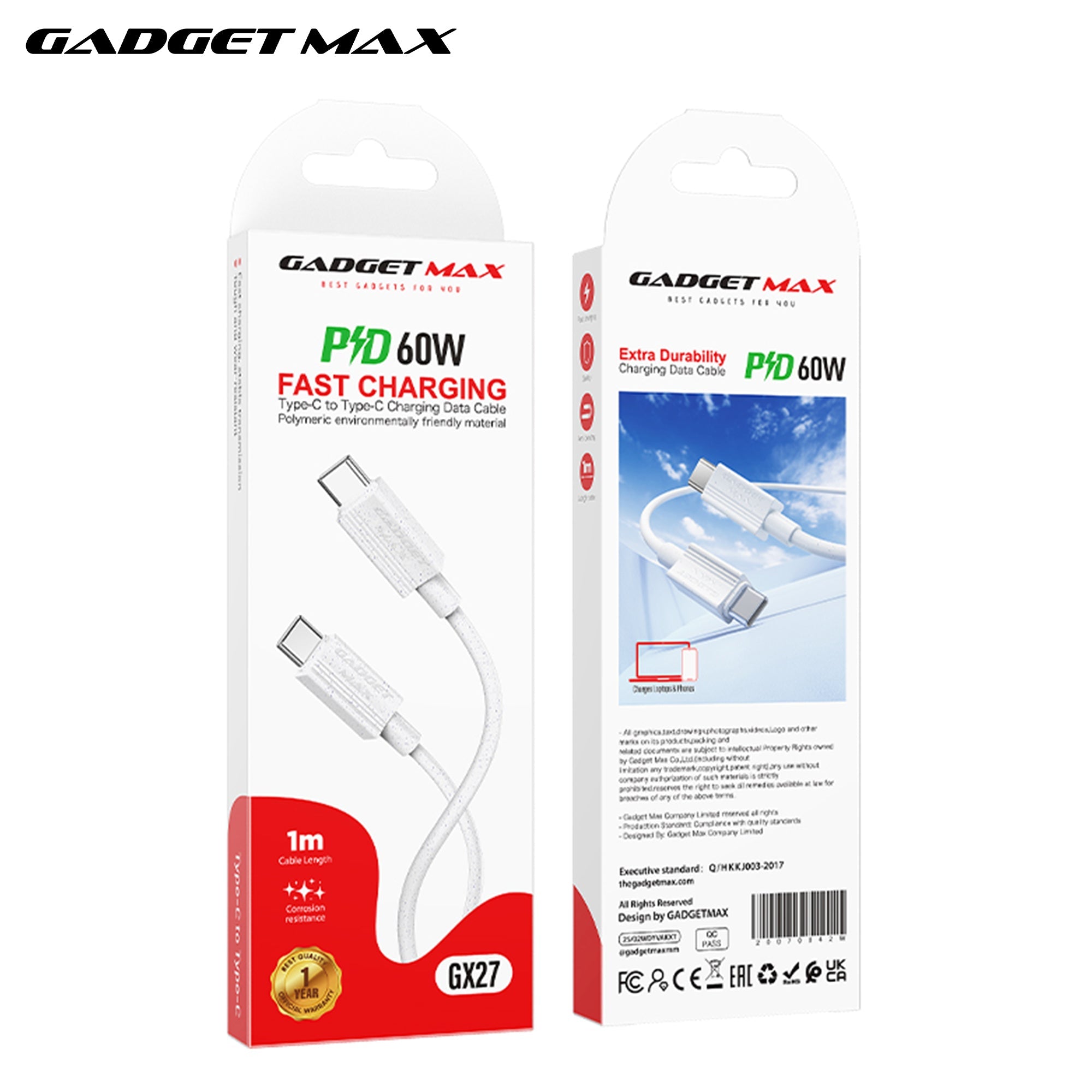 GADGET MAX - GX27 C-C TPE Series Type-C To Type-C Fast Charging Data Cable (60W) - White