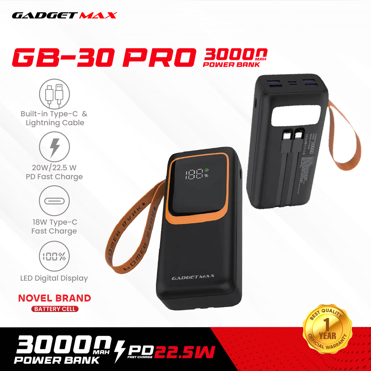 GADGET MAX GB-30PRO 30000MAH PD20W+ QC22.5W WITH CABLE FAST CHARGING POWER PRO DIGITAL DISPLAY POWER BANK (OUTPUT-4USB)(TYPE C-IN/OUT)(IPH-IN/OUT)