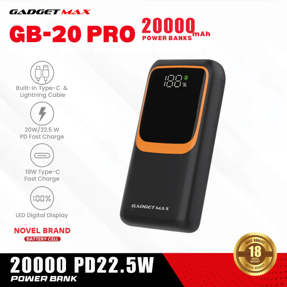 GADGET MAX GB-20PRO 20000MAH PD20W+ QC22.5W WITH CABLE FAST CHARGING POWER PRO DIGITAL DISPLAY POWER BANK (OUTPUT-4USB)(TYPE C-IN/OUT)(IPH-IN/OUT)