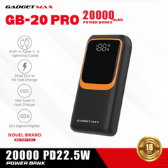 GADGET MAX GB-20PRO 20000MAH PD20W+ QC22.5W WITH CABLE FAST CHARGING POWER PRO DIGITAL DISPLAY POWER BANK (OUTPUT-4USB)(TYPE C-IN/OUT)(IPH-IN/OUT)