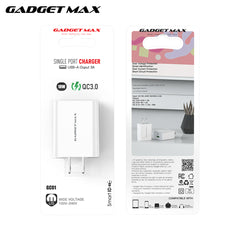 GADGET MAX GC01 18W SINGLE USB PORT QC 3.0 CHARGER (1USB)(3A)(WIDE VOLTAGE 100V-240V)