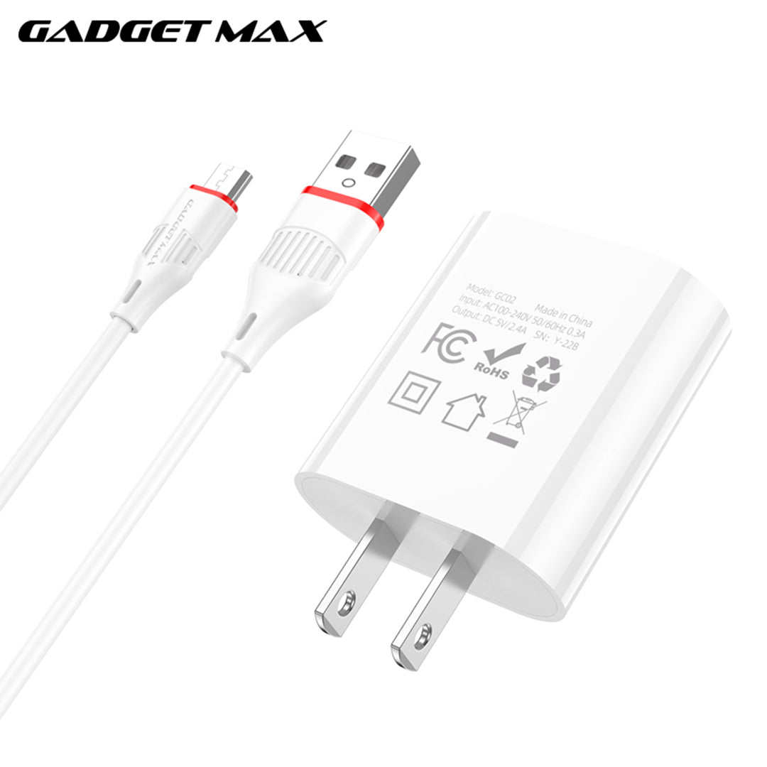 GADGET MAX GC02 MICRO 2.4A SINGLE USB PORT SPEEDY MICRO CHARGER SET (1USB)(2.4A)(1M)