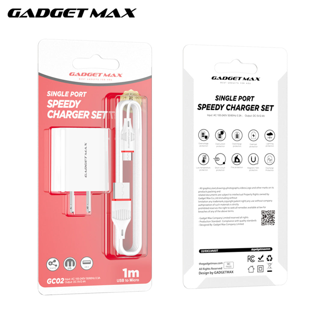 GADGET MAX GC02 MICRO 2.4A SINGLE USB PORT SPEEDY MICRO CHARGER SET (1USB)(2.4A)(1M)