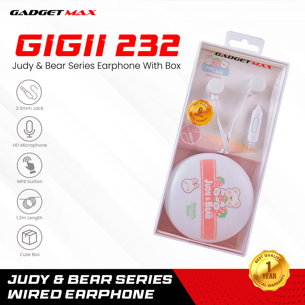 GADGET MAX GIGII-232 JUDY&BEAR SERIES 3.5MM WIRED EARPHONE - WHITE