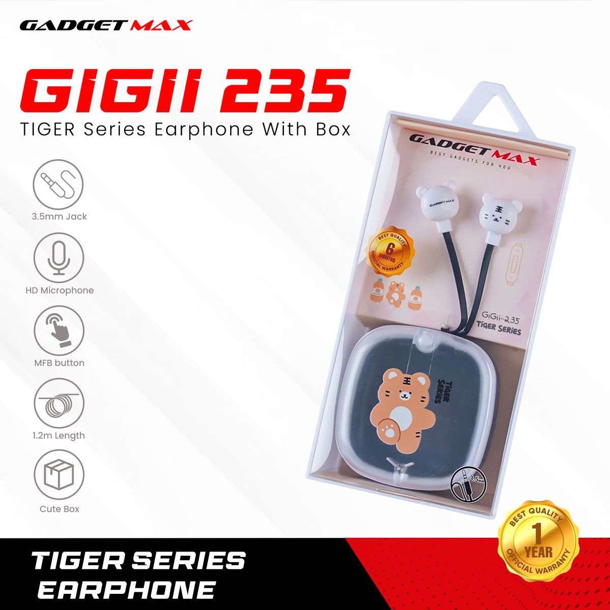 GADGET MAX GIGII-235 TIGER SERIES 3.5MM WIRED EARPHONE - BLACK