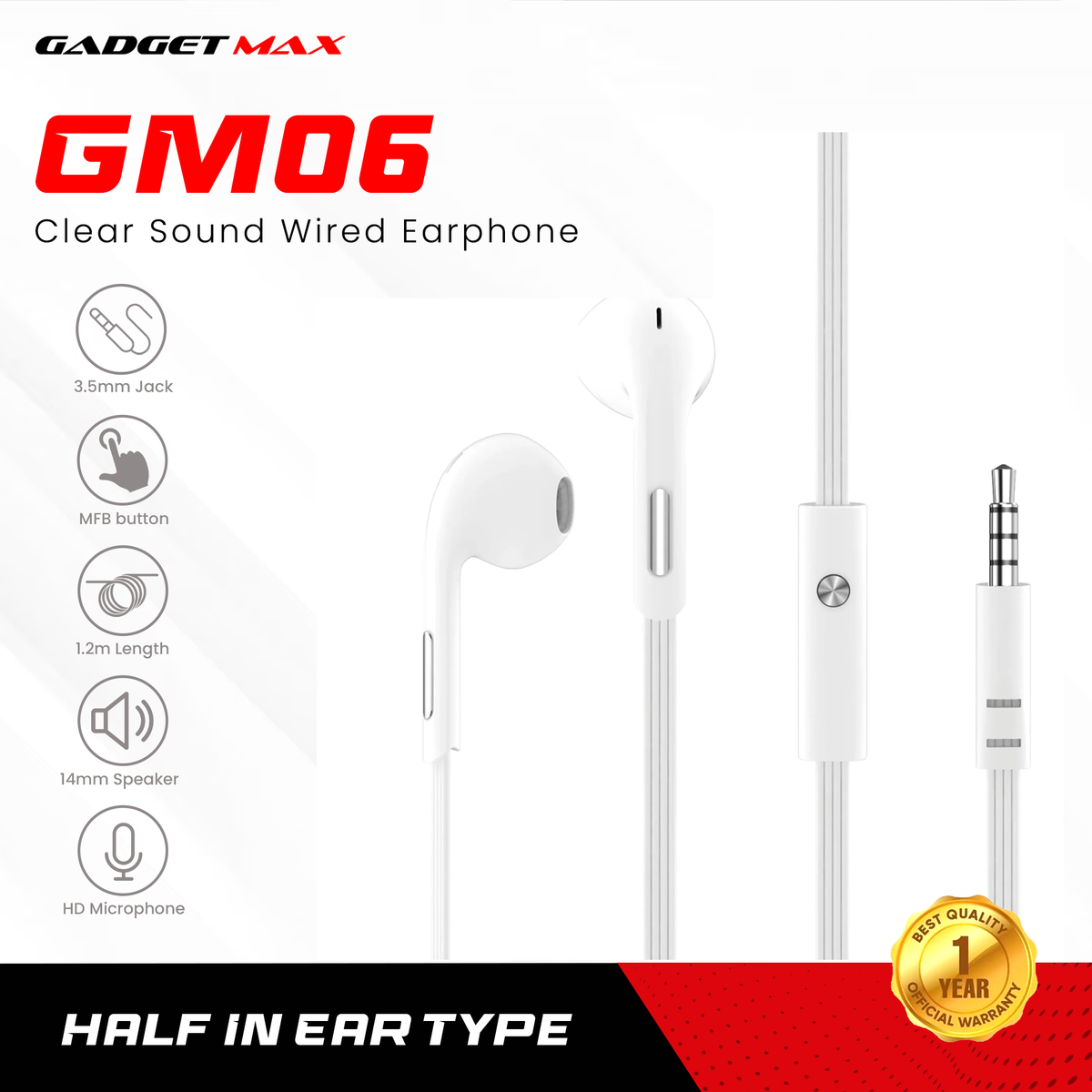 GADGET MAX GM06 CLEAR SOUND WIRED 3.5MM EARPHONE WITH MIC (1.2M) - WHITE