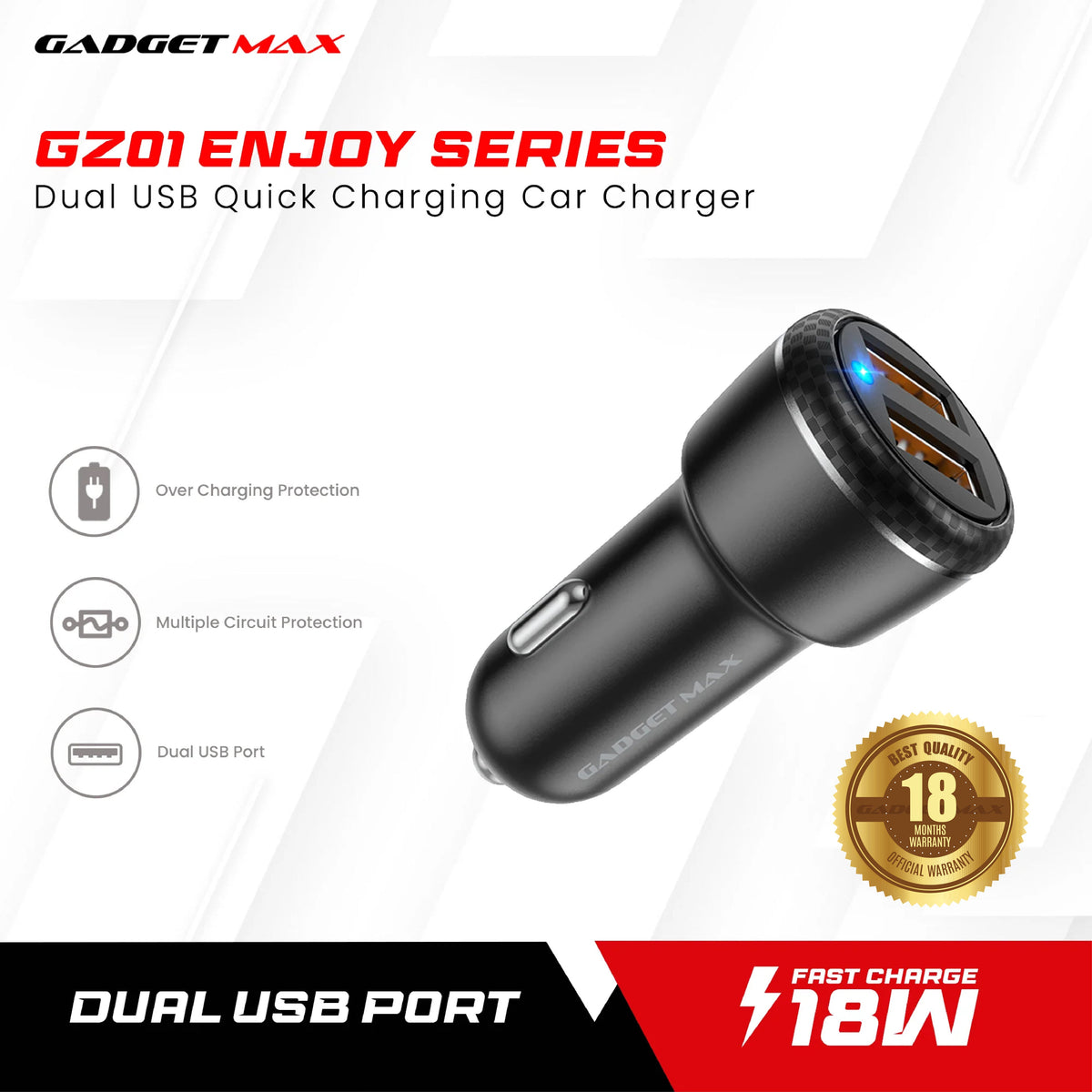 GADGET MAX GZ01 ENJOY SERIES 18W QC 3.0 DUAL PORT QUICK CHARGING CAR CHARGER (2USB)