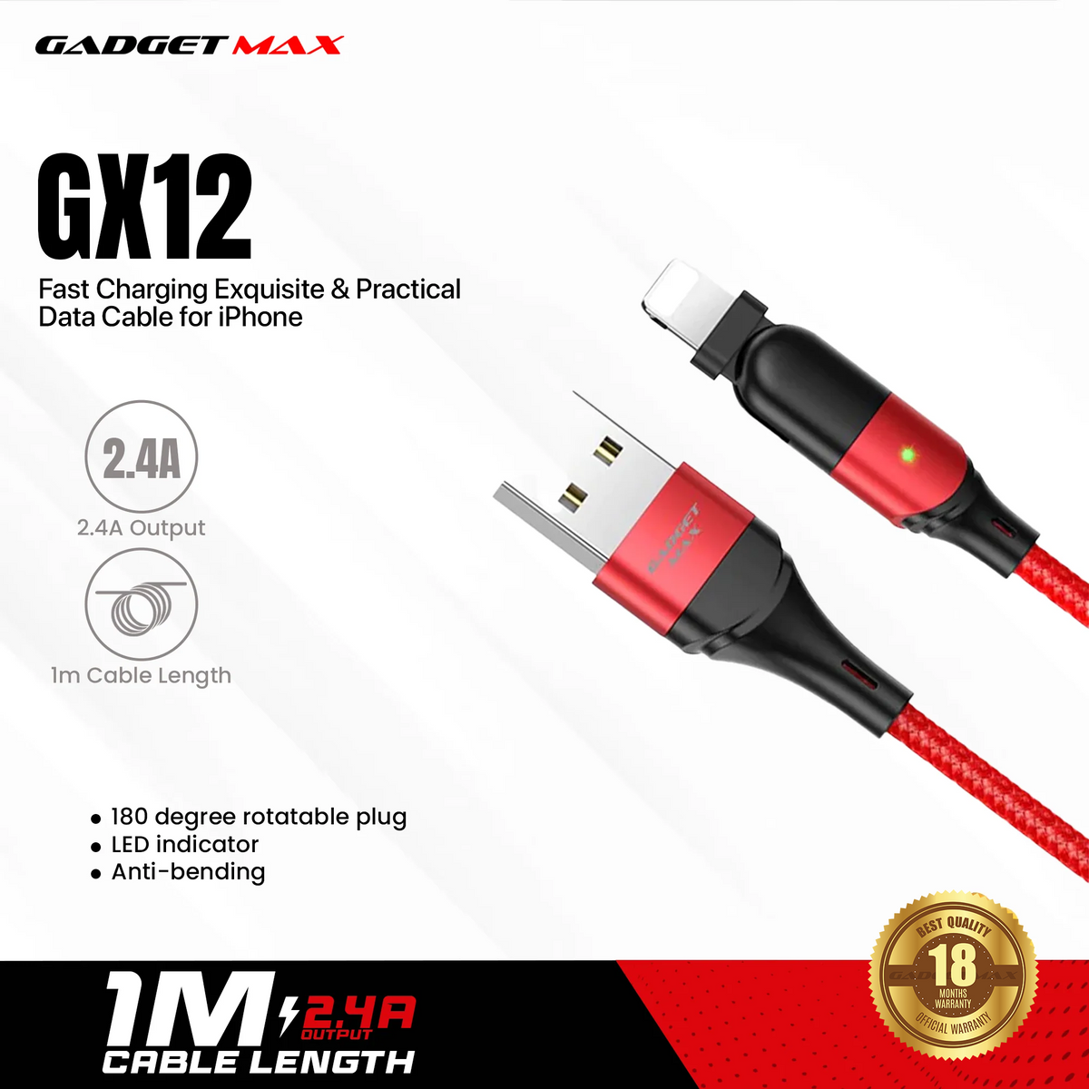 GADGET MAX GX12 FAST CHARGING EXQUISITE & PRACTICAL DATA CABLE FOR IPH (2.4A) (1.2M)  - ?BLACK