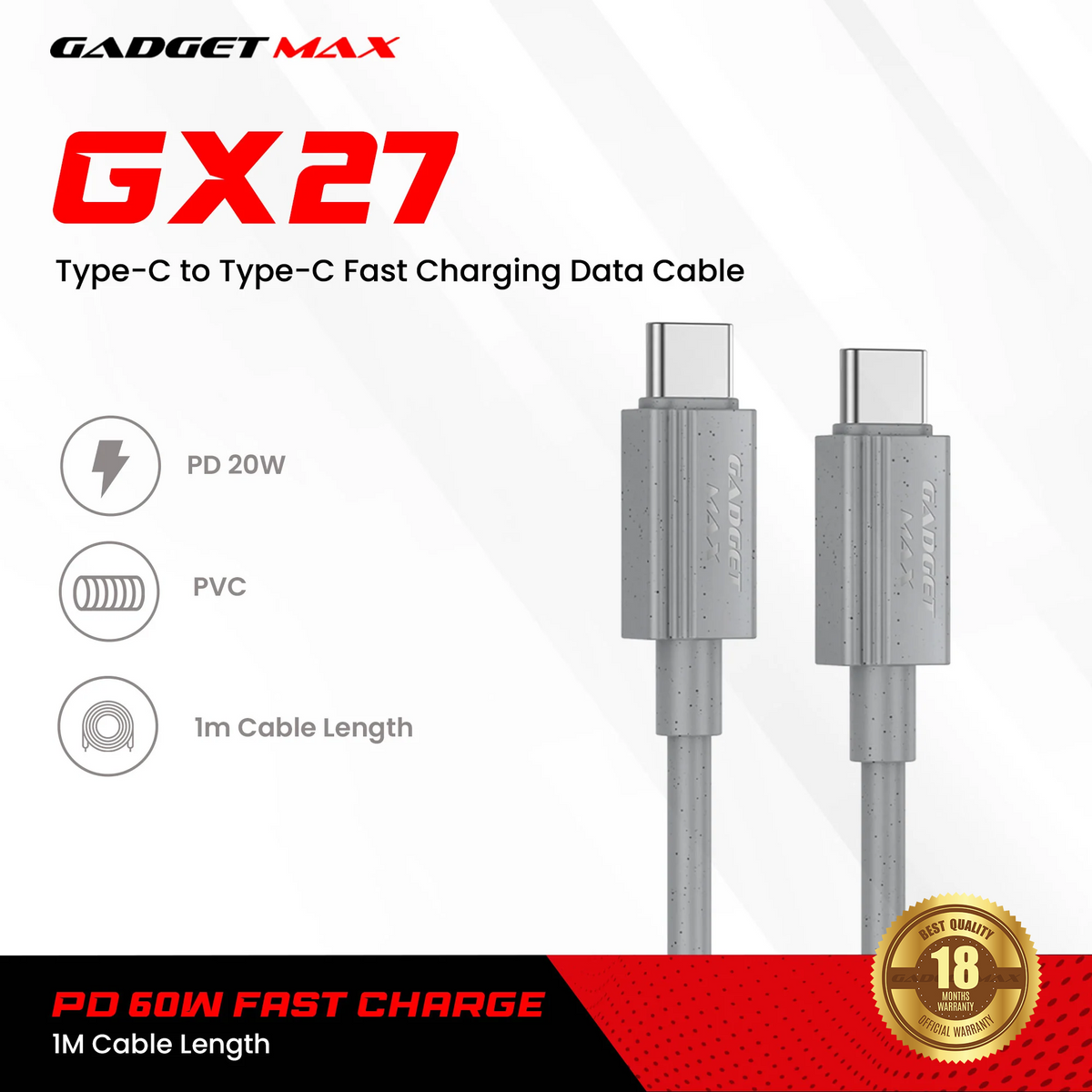 GADGET MAX - GX27 C-C TPE Series Type-C To Type-C Fast Charging Data Cable (60W) - Grey