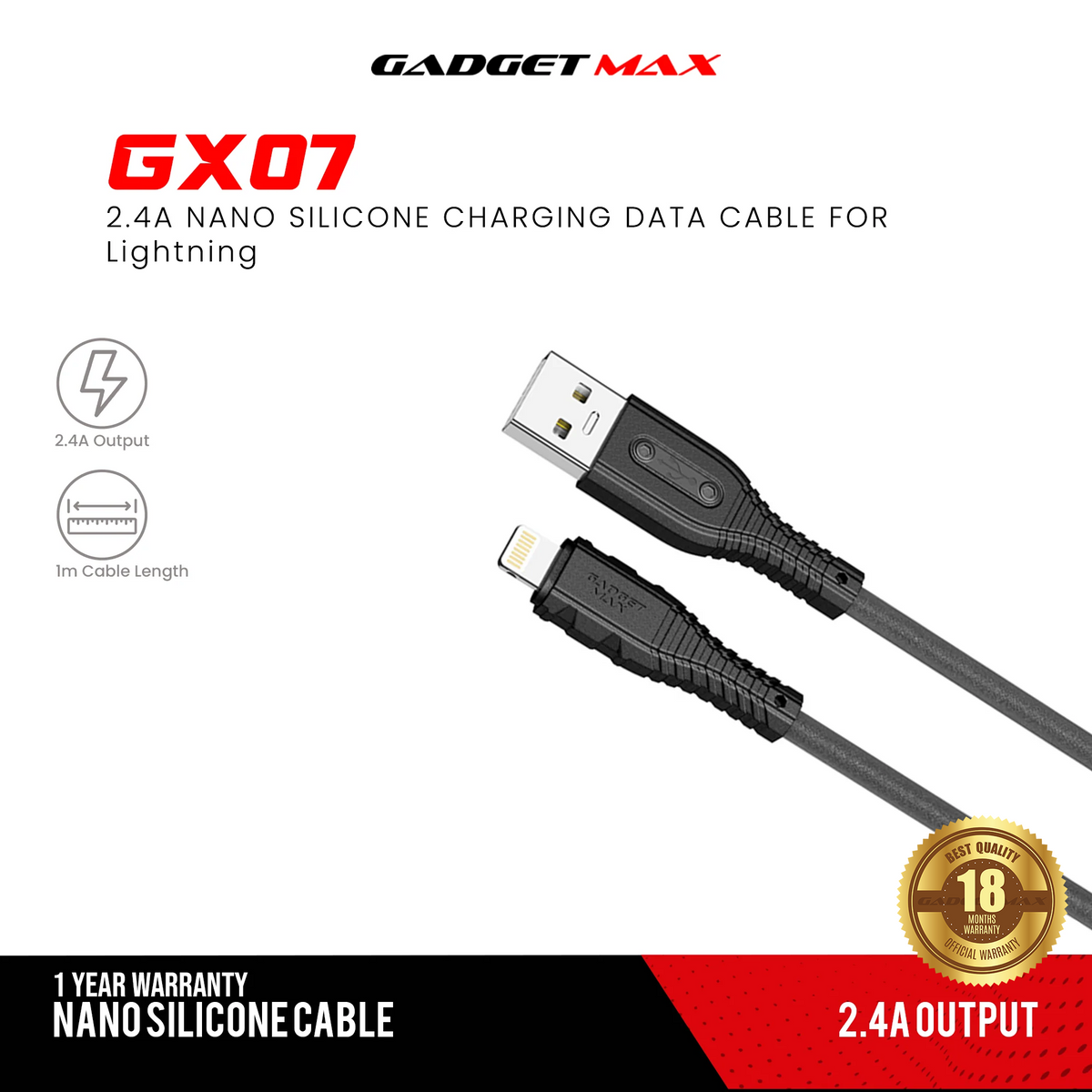 GADGET MAX GX07 IPH 2.4A NANO SILICONE CHARGING DATA CABLE FOR IPH (2.4A)(1M) - BLUE