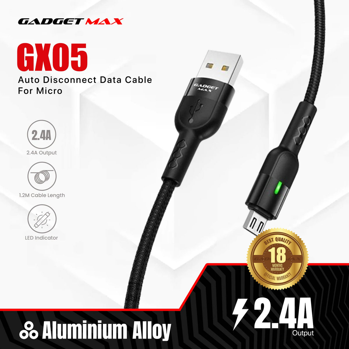 GADGET MAX GX05 MICRO 2.4A AUTO DISCONNECT DATA CABLE FOR MICRO (2.4A)(1.2M) - BLACK