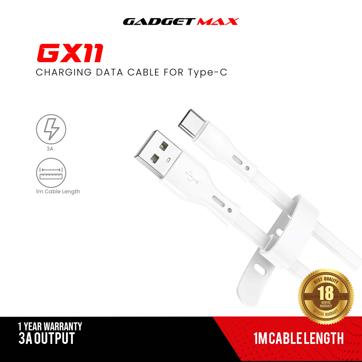 GADGET MAX GX11 CHARGING DATA CABLE FOR TYPE-C (3A) (1M), Type-C Cable, Data Cable, Charging Cable