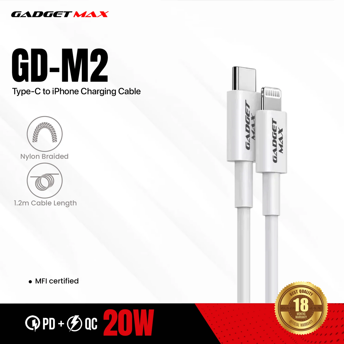 GADGET MAX M2 USB-C TO LIGHTNING MFI FAST CHARGE & DATA SYNC CABLE, PD/QC 20W(3A)(1200mm)