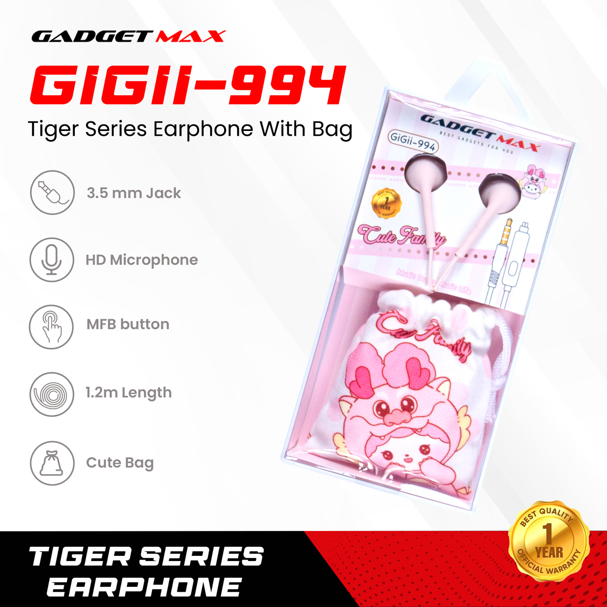 Gadget Max GiGii-994 Dragon Squad Series Earphone - Pink