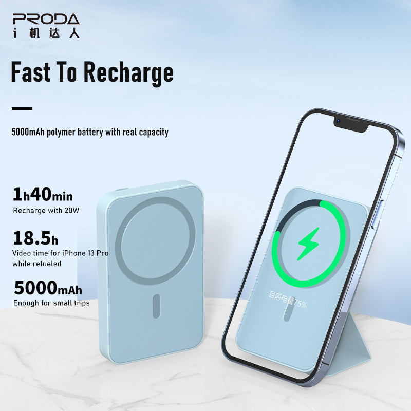 PRODA PD-V11 5000MAH 3 IN 1 PD 20W HOLDER MAGNETIC WIRELESS 15W MAX POWER BANK - Blue