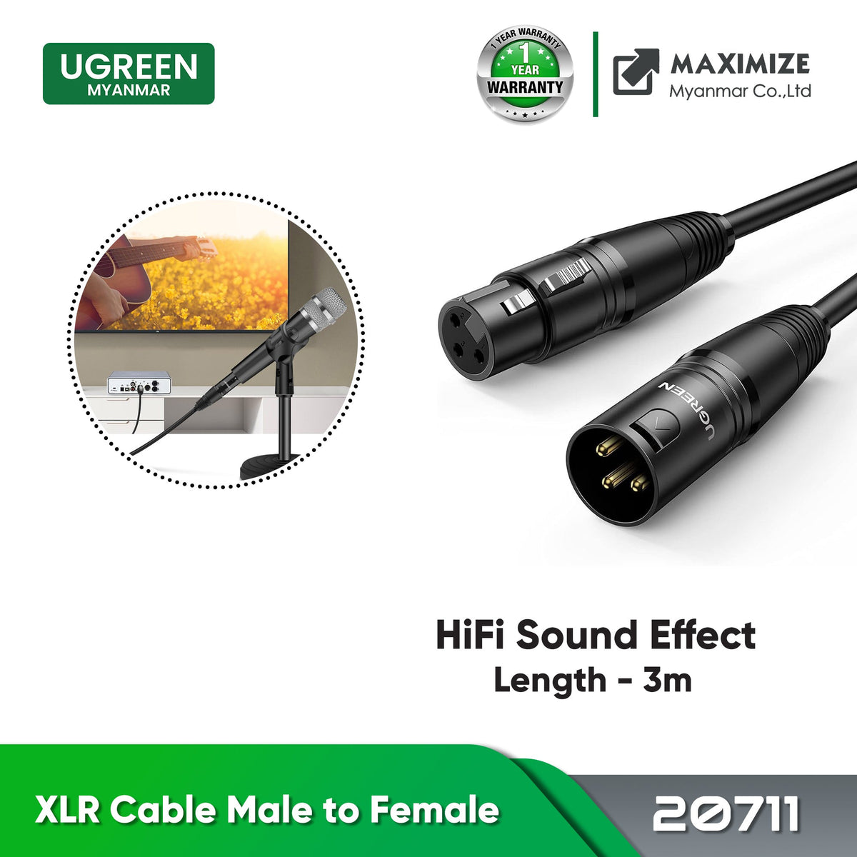 UGREEN CANNON MALE TO FEMALE MICROPHONE EXTENSION AUDIO CABLE (3M)