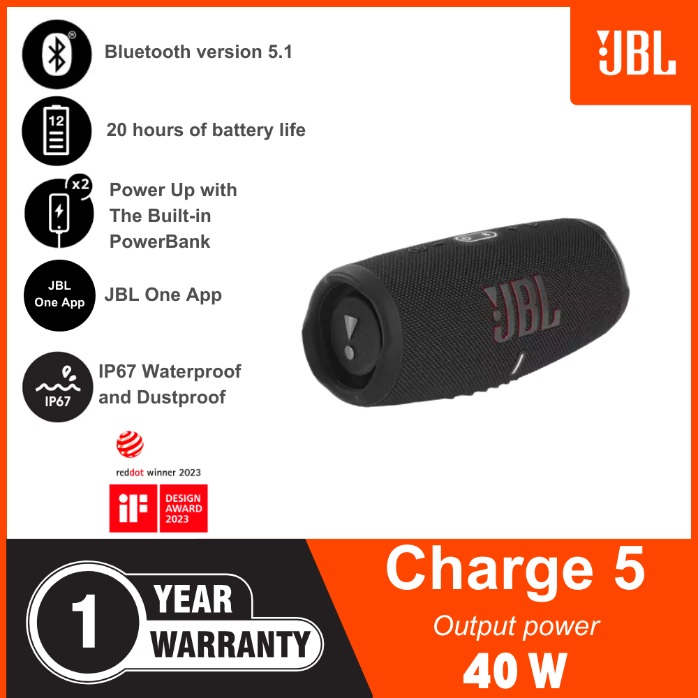 JBL Charge 5 Portable Waterproof Speaker with Powerbank - Black